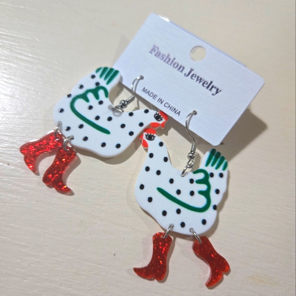 Red Booted Chicken Earrings